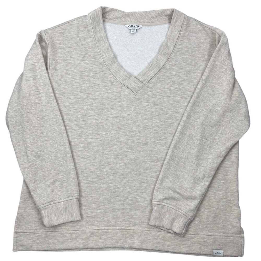 Orvis Sweatshirt Women Large Oatmeal Heather V-Neck Fleece Pullover Classic